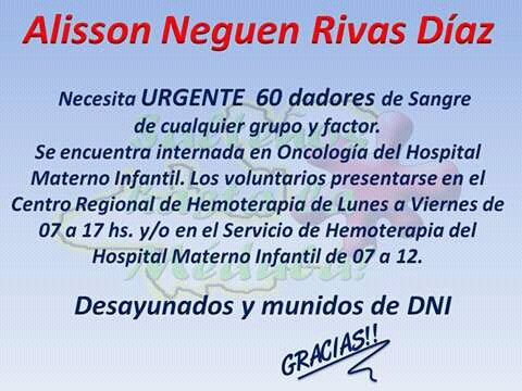 Amigos, Alisson es una nena pequeña diagnosticada con leucemia. En este momento está necesitando de nuestra ayuda, con este pedido seguramente lo que está necesitando son plaquetas. De cada unidad de sangre, el porcentaje más pequeño de componente lo constituyen las plaquetas...
