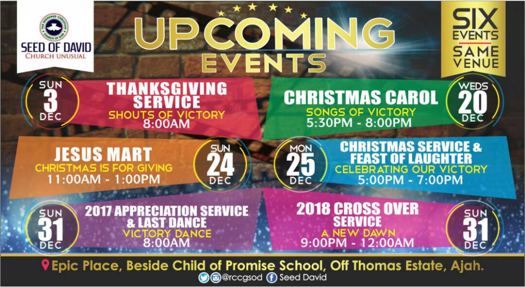 rccgsod's tweet photo. #RCCGSOD
#THISDECEMBER
#UPCOMINGEVENTS

#CHRISTMASCAROL
WEDNESDAY, 20TH
5:30PM 

#JESUSMART
#CHRISTMASISFORGIVING
SUNDAY, 24TH, 8:00AM 

#CHRISTMASSERVICE 
MONDAY, 25TH, 5:00PM 

#LASTDANCE
SUNDAY MORNING, 31ST
8:00AM

#CROSSOVER SERVICE
SUNDAY EVENING,  31ST 
9:00PM https://t.co/79VVtw8mLZ