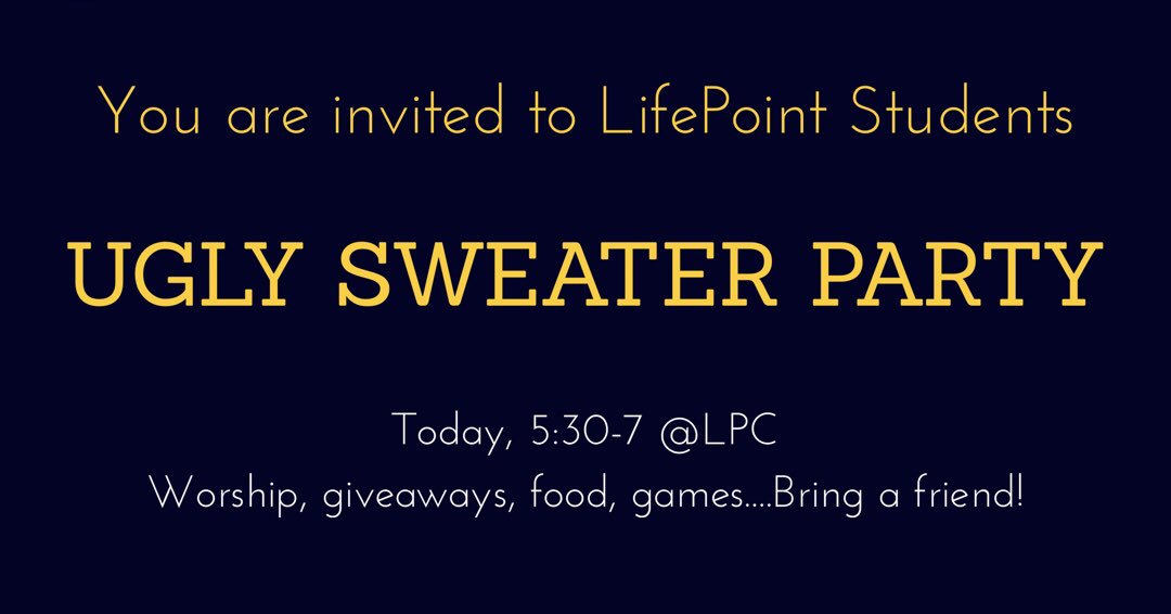 TODAY! Our last gathering of the year... Free food, giveaways, sweater contest, games, rap battle... BRING A FRIEND!