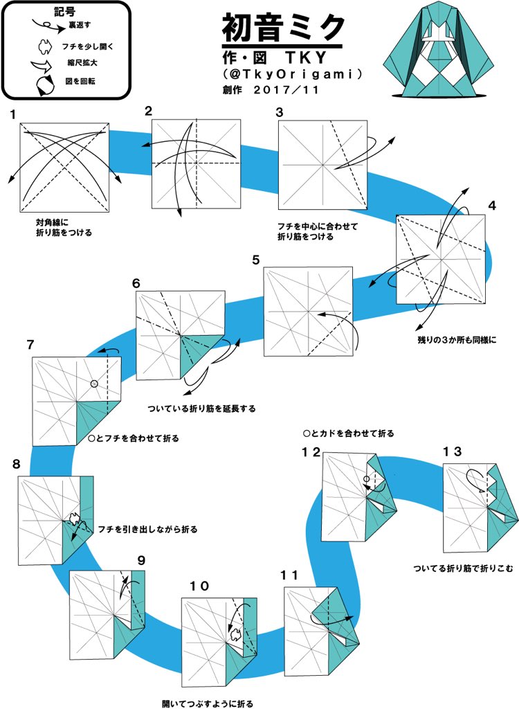 tky_aaaINUE's tweet photo. 初音ミクの折り図描きました
難易度はちょい高め
細かい折りがあるので初めは24センチ四方の紙を推奨
 #初音ミク #折り紙作品 https://t.co/QG6oeoR5gX