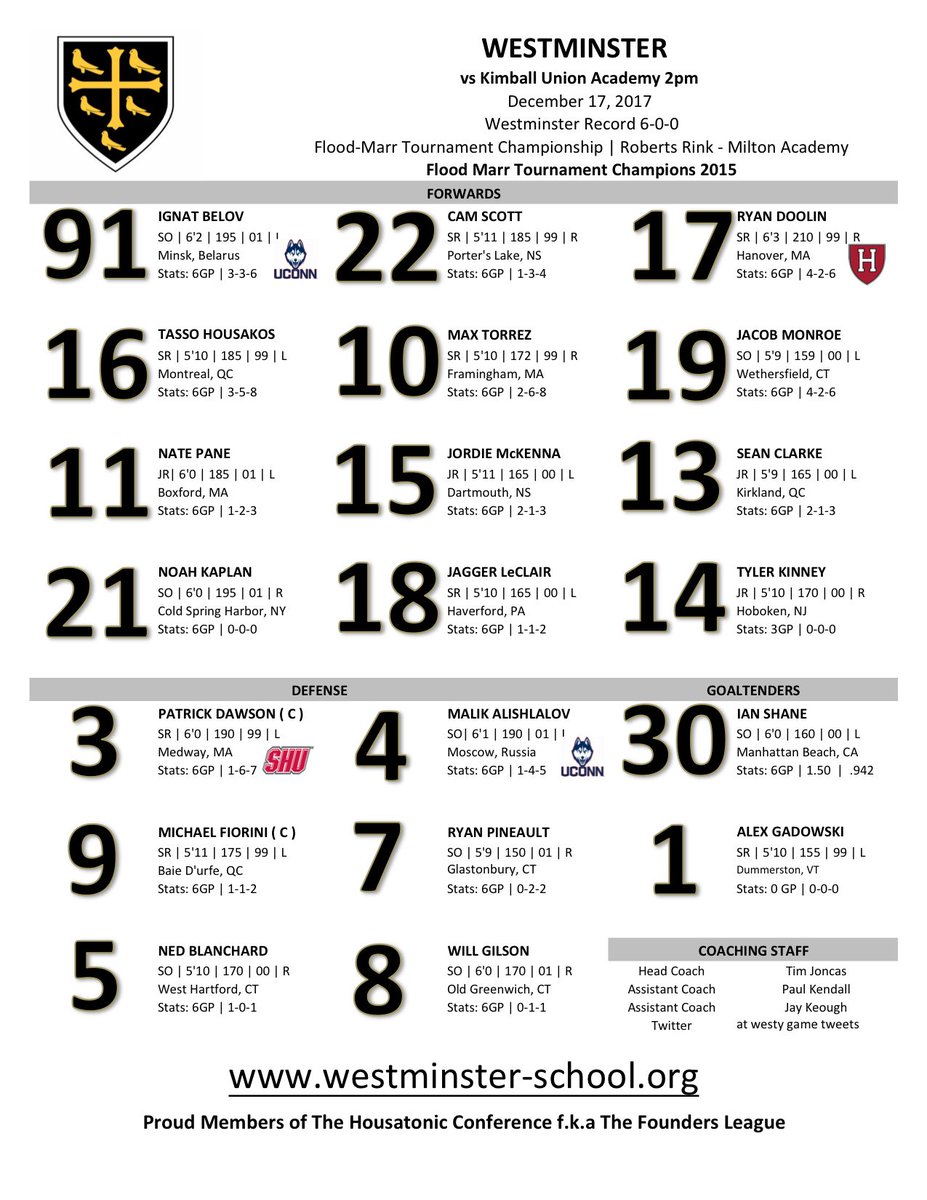 Westminster Line Up for today's Flood-Marr Championship game 2pm v @KUAHockey at Milton Academy
<a href="/USHRhockey/">USHR</a> 
<a href="/NEHockeyJournal/">New England Hockey Journal</a> 
<a href="/NZPrepHockey/">NZPrepHockey</a> 
<a href="/PrepSportReport/">Prep Sport Report</a> 
<a href="/JeffCoxSports/">Jeff Cox</a>
