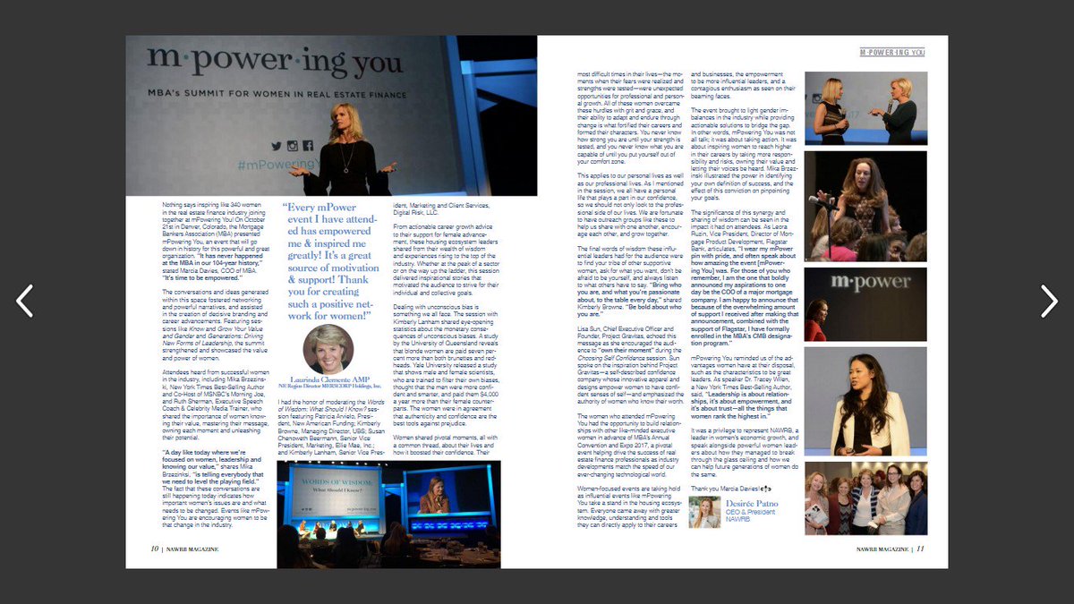 MBAMortgage's tweet photo. #SundayRead Thanks to @NAWRB for sharing the #mPoweringYou17 experience with their readers. MBA’s COO and #MBAmPower Founder, Marcia Davies kicked off our first-ever #mPoweringYou with “It’s time to be empowered!” See what you missed us in October https://t.co/XSoDZEL4Fm https://t.co/6slOlRl25T