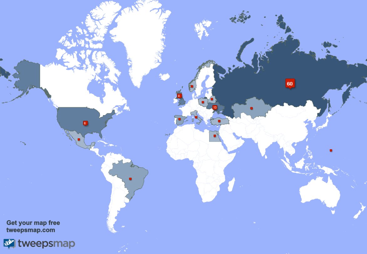AliceeeWorld's tweet photo. My followers live in Russia (58%), Ukraine(13%)... Get your map: https://t.co/eUMD6jsrBc https://t.co/sJvDClJuIR