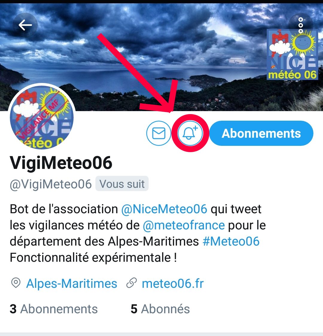 VigiMeteo06's tweet photo. Pour le moment il est en phase BETA, mais pour recevoir une notification en cas de #VigilanceOrange ou autres sur le #dpt06, vous pouvez vous abonner à ce compte twitter en cliquant sur le bouton de "Notifications de compte" ⤵️ https://t.co/1Kc06EvlrD