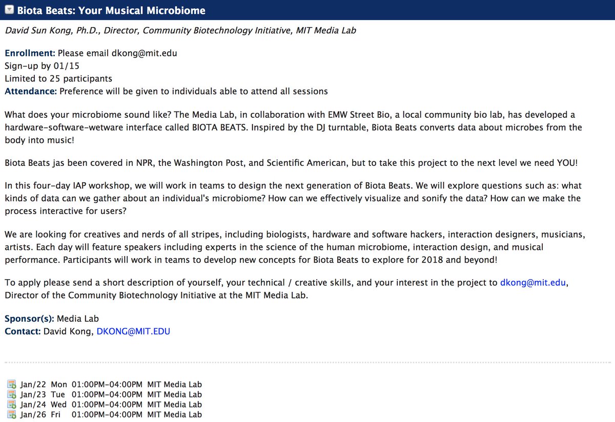 Creatives and nerds of all stripes--biologists, hardware and software hackers, interaction designers, musicians, artists--come join us workshop Biota Beats next year, January 22-26! bit.ly/2kCTmQN