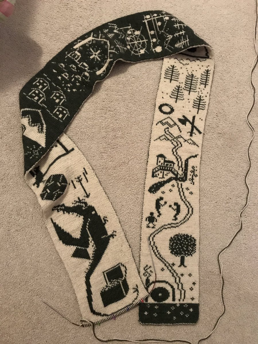SSMcFann's tweet photo. I have done it! The body of my Sister's Christmas gift, the "There and Back Again Story Scarf" is complete. I won't lie, a few tears were shed…I'm going to miss working on you, old friend. 💛💚 #TheHobbit #knitting #bittersweet https://t.co/gaGM3WyYfr
