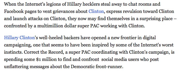 Election internet influence ops: a reminder that HRC's campaign ran an astroturf troll operation. As the LA Times described it: "In effect, the effort aims to spend a large sum of money to increase the amount of trolling that already exists online." http://www.latimes.com/politics/la-na-clinton-digital-trolling-20160506-snap-htmlstory.html
