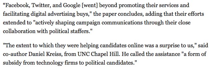 Election internet influence ops: An important study of Silicon Valley's role in the election reveals embedded teams that made companies like Google, Facebook and Twitter extensions of political campaigns — and a hidden form of influence and lobbying.  https://www.politico.com/story/2017/10/26/facebook-google-twitter-trump-244191