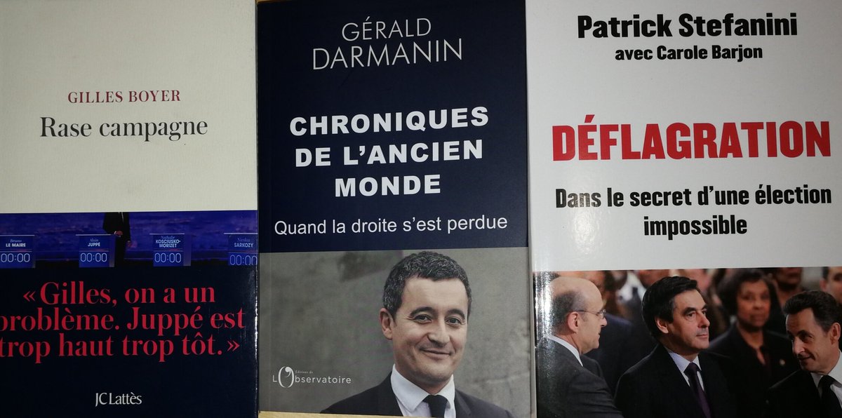 Flowieck's tweet photo. Lecture de ces 3 livres terminée.
Les 3 directeurs de campagne des 3 principaux candidats de la droite : l'un est à Matignon, le 2e est ministre, le 3e est proche de Pécresse, positionnée contre la ligne actuelle de LR.
Il y a peut-être des questions à se poser !
Je me les pose. https://t.co/P7hkBsLqsB