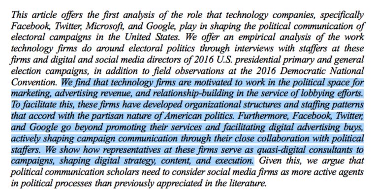 This is the original study, which deserves a lot more attention. It shows a total merging of Silicon Valley with the campaign apparatus of both the Democratic and Republican parties. Really amazing work.  http://www.tandfonline.com/doi/full/10.1080/10584609.2017.1364814