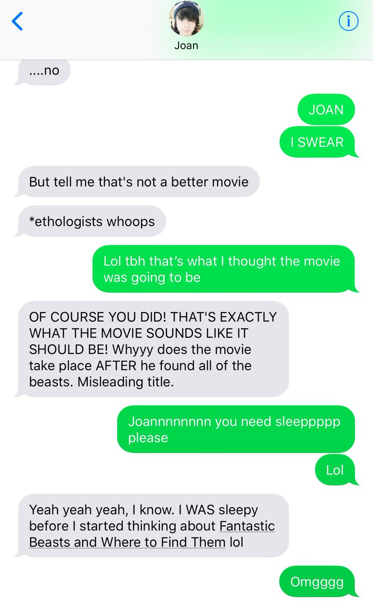 ThomasSanders's tweet photo. Last night I dreamt that Joan was texting me about how Fantastic Beasts could have been a better movie, but then I checked my phone, and saw it wasn’t a dream. https://t.co/5CuwD6PApv