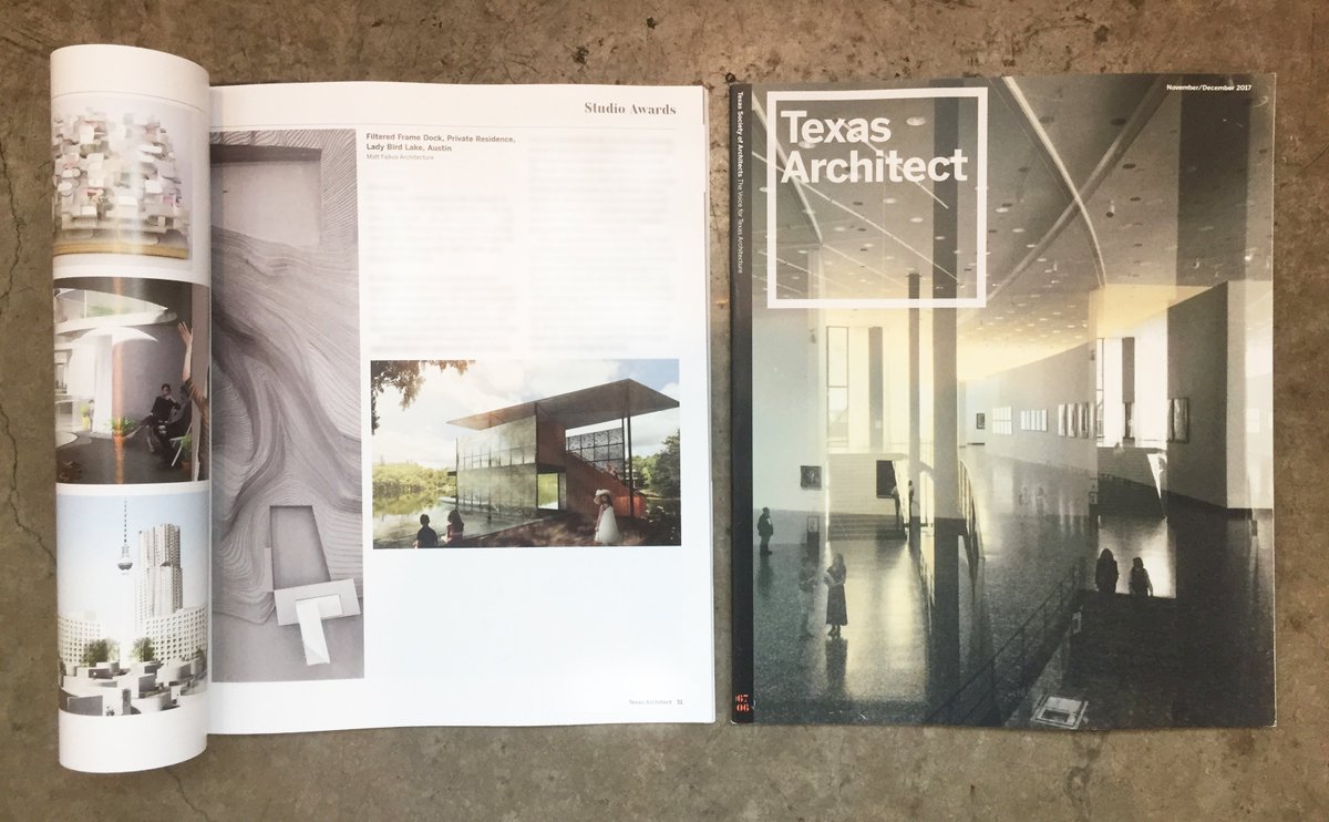 Our Filtered Frame Dock was published in the latest issue (November/December) of the Texas Architect magazine, as a 2017 Texas Society of Architects/AIA Studio Award winner! Pick up a print copy, or read it online here: mfarchitecture.com/press-ta-112017