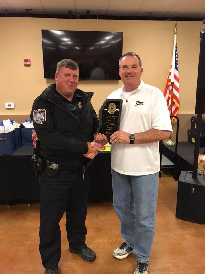 brandon_police's tweet photo. Brandon Police Department 2017 Officer of the Year is Officer Reese Robbins and winner of the civilian Chiefs Award is Ms Casandra Young. Congratulations to both of you. https://t.co/pAjo6azrCG