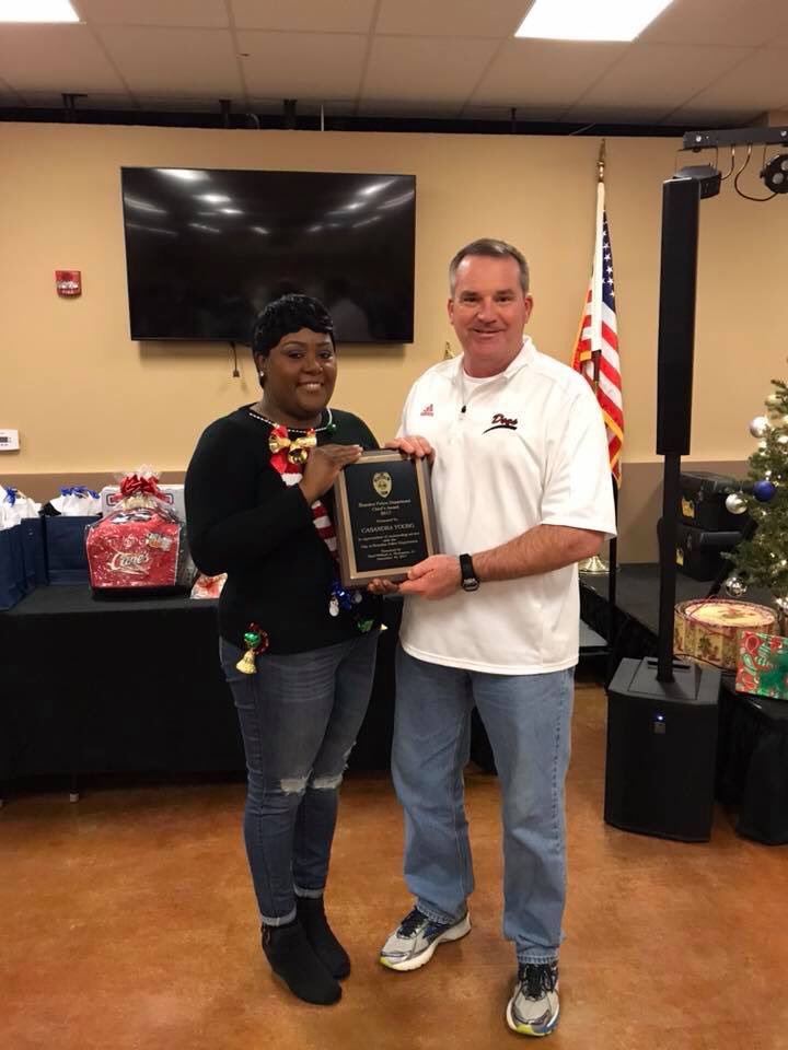 brandon_police's tweet photo. Brandon Police Department 2017 Officer of the Year is Officer Reese Robbins and winner of the civilian Chiefs Award is Ms Casandra Young. Congratulations to both of you. https://t.co/pAjo6azrCG