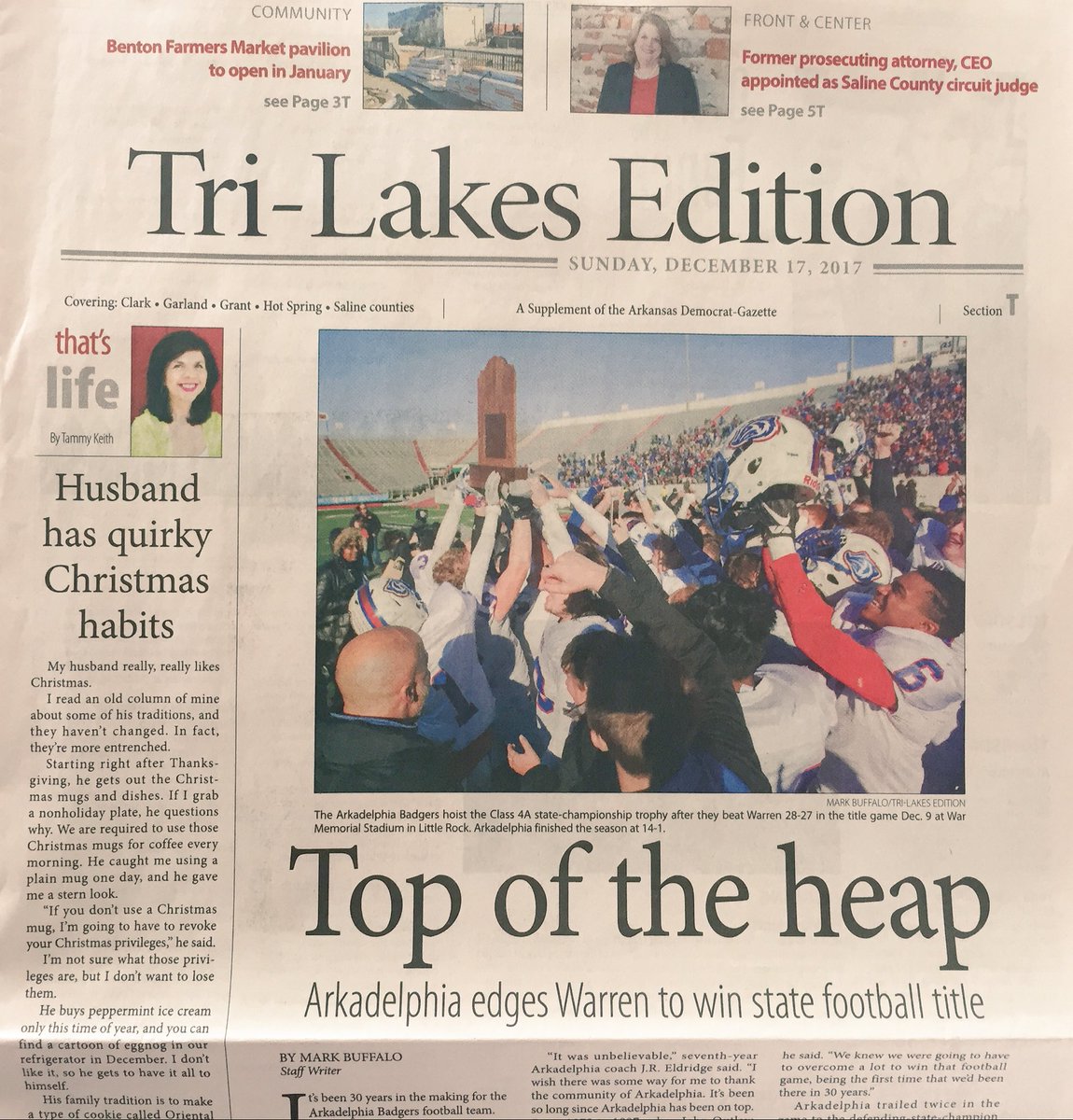 APSD_Athletics's tweet photo. Badger fans, grab your copy of today’s Arkansas Democrat-Gazette for the story on ‘17 Badger football in the Tri Lakes Edition by @MarkBuffalo https://t.co/qocNYnQQcC