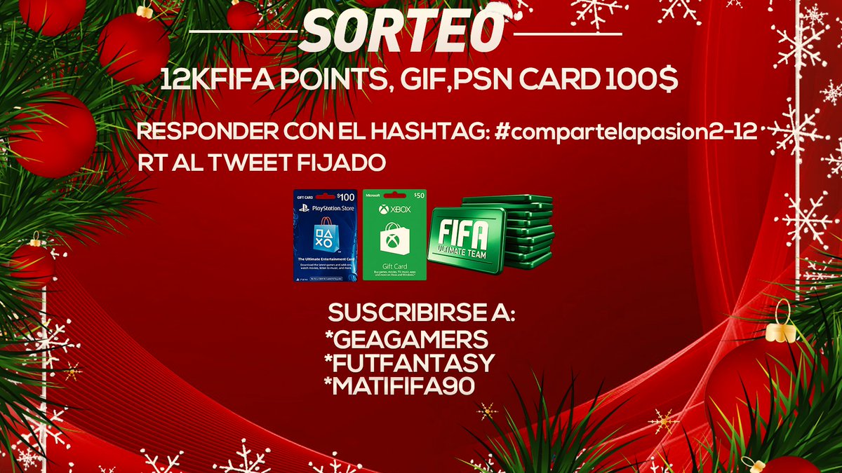 conragen's tweet photo. SORTEO FIN DE AÑO:     29 DICIEMBRE
GANA 12K FIFAPOINTS O UNA PSN, GIFT CARD DE $100

-SUSCRIBETE A:

MATIFIFA90:    https://t.co/sJl8iJPrHo
GEAGAMERS:   https://t.co/TpamFmJyPL
FUTFANTASY:  https://t.co/5pi8Abk0Zt

-Responder con #compartelapasion212
-Dar RT al tweet fijado https://t.co/TnzB8mviDk