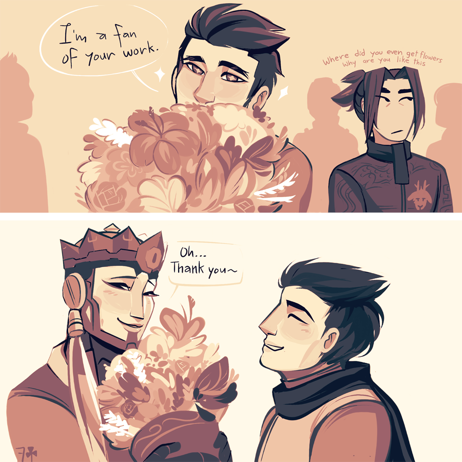 #genyatta "Masks" [1/2???]
In which Genji gets entranced by certain actor after being dragged to the theater, and also, Hanzo is Tired 