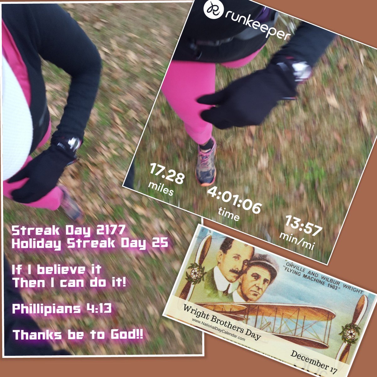 DrMarilynPhD's tweet photo. #Streak Day 2177
#holidaystreakers2017 Streak Day 25
#runtheyear2017 #YTD 2780.6 miles
#ibelieveicanfly #ididntknowmyownstrength #iwasnotbuilttobreak
It's #WrightBrothersDay
It's #NationalMapleSyrupDay
#mylongestrun #runhappy #brooksrunning #runtheedge #philipians413๐ https://t.co/gdOUbMUJkr