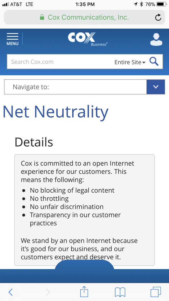 Thank you for this commitment <a href="/CoxComm/">Cox</a>.   Makes me proud to be a customer for almost 20 years.  You have won my ongoing business. #NetNeutrality