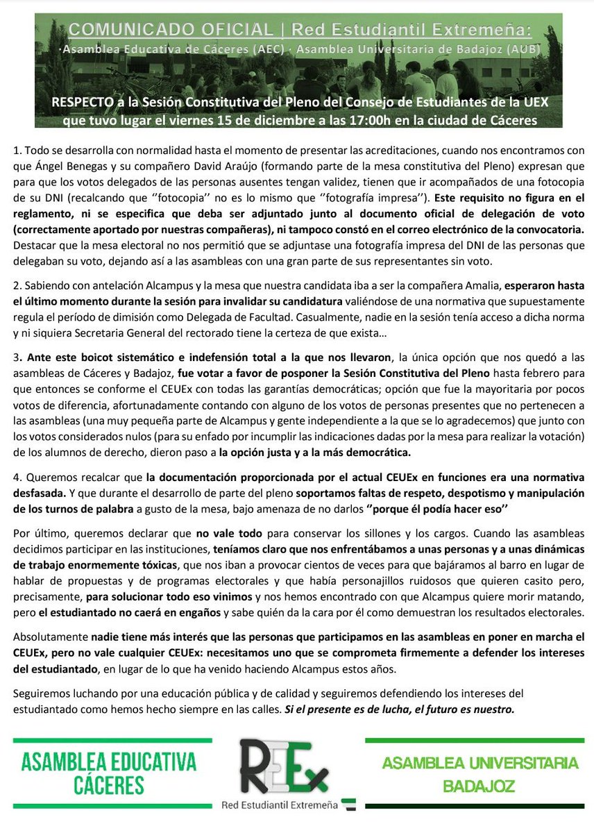 REEXtremadura's tweet photo. 📌COMUNICADO OFICIAL DE LA REEX tras lo ocurrido en la UEX el pasado 15 de diciembre. ¡MÁXIMA DIFUSIÓN! 🔥 https://t.co/E4jZbW84CQ