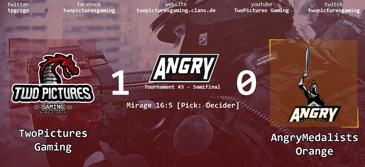 TwoPicturesEU's tweet photo. We won the Semifinal against @AngryMedalists Orange in the AngryMedalists Tournament #3! GGWP!
 
Mirage: 16:5
 
#gotpg #CSGO #AngryMedalists https://t.co/iQhDivSQwz