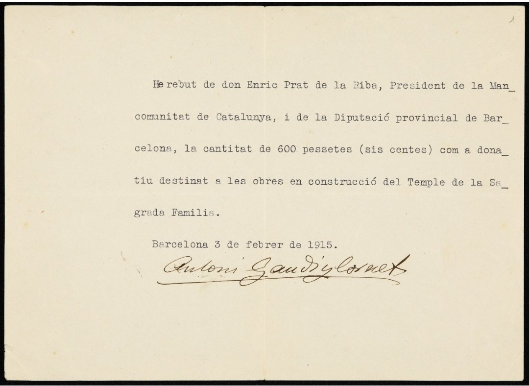 eapccat's tweet photo. Títol
Rebut de donatiu de 600 pessetes que fa Enric Prat de la Riba, com a president de la @Mancomunitat100 i de la @diba, a Antoni Gaudi i Cornet per a la construcció del temple expiatori de la @sagradafamilia #anypratdelariba https://t.co/C0nMlWwxpy https://t.co/Qnz0GpqaBB