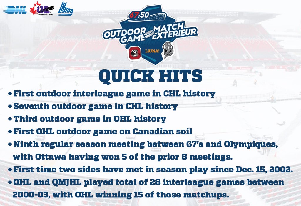 OHLHockey's tweet photo. Historic day in Ottawa.

Outdoor interleague battle features @Ottawa67sHockey and @LesOlympiques.

PREVIEW: https://t.co/yklglfBDxF https://t.co/80MYkEpno6