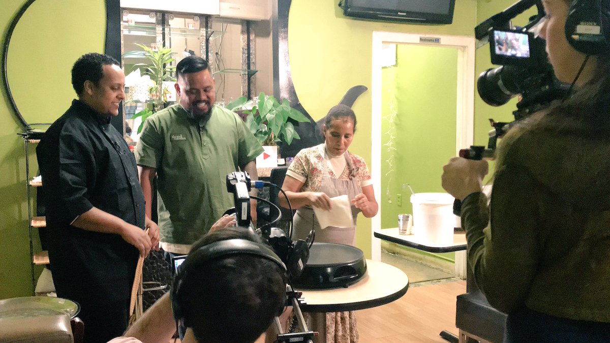AaronBlank's tweet photo. Spending Sunday w/ our Ethiopian friends at Jebena Cafe and Top Chef season 10 finalist @chefwonder doing a segment for Cooking in America #SheldonSimeon #TopChef #CookingInAmerica #Eater #Seattle #JebenaCafe #EthiopianFood https://t.co/7oOK6r24I6