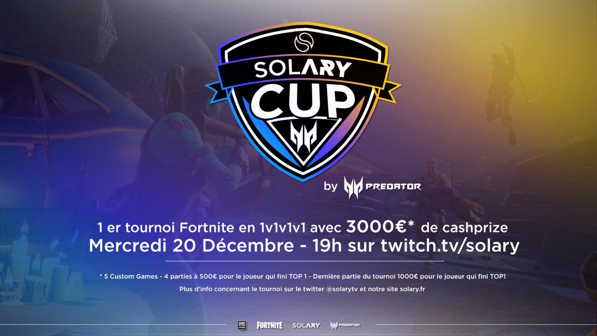 SolaryTV's tweet photo. 📢 #SolaryCup by @AcerFrance Predator sur Fortnite - 100 joueurs pour 3000€ ! Amis streamers, contactez nous pour participer ! Slots réservés aux viewers (code à récupérer sur le live)

Mercredi 20/12 - 19h sur https://t.co/e1ziNmCave - RT pour gagner une place au tournoi https://t.co/Zxy85jWhWI