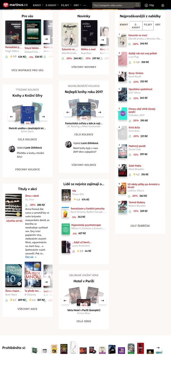 Po přihlášení do osobního účtu bych ocenil personalizovanou nabídku. Když ukážete vše, nevyberu si z té záplavy nic.
<a href="/martinus_cz/">Martinus.cz</a>