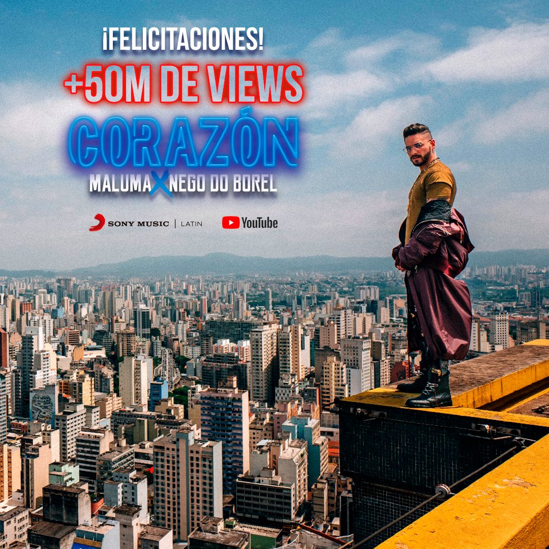 SonyMusicLatin's tweet photo. 🙌🏼🎉¡#Corazon, el video de @maluma feat. @NegodoBorel ya tiene más de #50M de views! 🙌🏼🎉😍 https://t.co/QrkICOdhS7