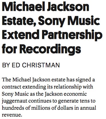 DJNOTHINNICE's tweet photo. #Billboard #MichaelJackson #Estate #SonyMusic #Extend #Partnership #Recordings #RIP #StillMakingDatMoney #Legacy #EdChristman #NothinNiceNews #DjNothinNice #Entertainment https://t.co/ARvzKdfYJw