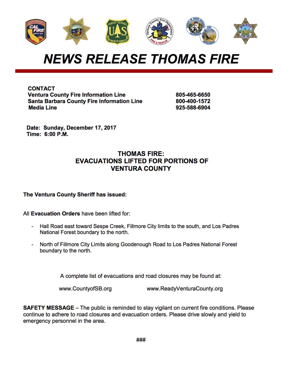 CAL_FIRE's tweet photo. #ThomasFire evacuations lifted per @VENTURASHERIFF for portions of Ventura County. https://t.co/E53h65FpCi … https://t.co/g1DhnSOOtd