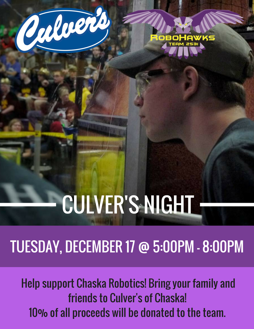 2531RoboHawks's tweet photo. Come celebrate the holidays with the RoboHawks at Culver's of Chaska on Tuesday, December 17 @ 5-8pm! We earn 10% of all sales/proceeds and 100% of tips. #culversnight #soarhawks #happyholidays https://t.co/6HRjBQcwlR