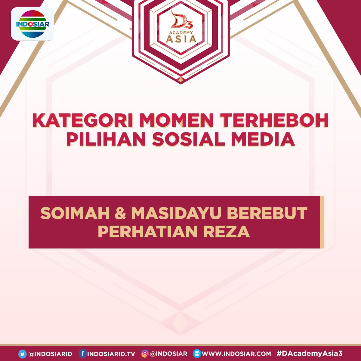 Ayo dukung Momen Soimah dan Masidayu Berebut Perhatian Reza sebagai Momen Terheboh Pilihan Sosial Media, dengan cara tweet #DAA3(spasi)Momen2 sekarang!