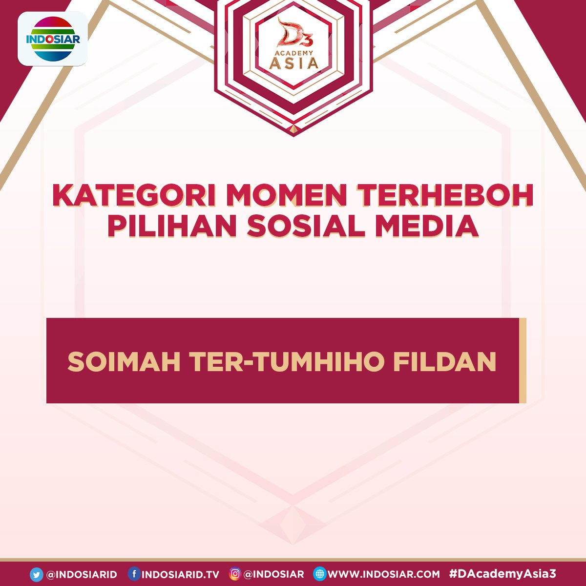 Ayo dukung Soimah Ter-Tumhiho Fildan sebagai Momen Terheboh Pilihan Sosial Media, dengan cara tweet #DAA3(spasi)Momen5 sekarang!