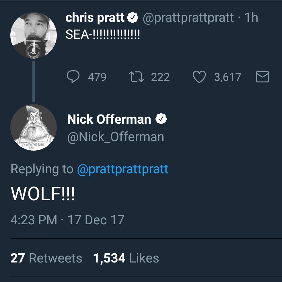 That's right, <a href="/Nick_Offerman/">Nick Offerman</a> and <a href="/prattprattpratt/">Chris Pratt</a>! #seawolves #imaseawolf <a href="/WolfieSeawolf/">WolfieSeawolf</a>