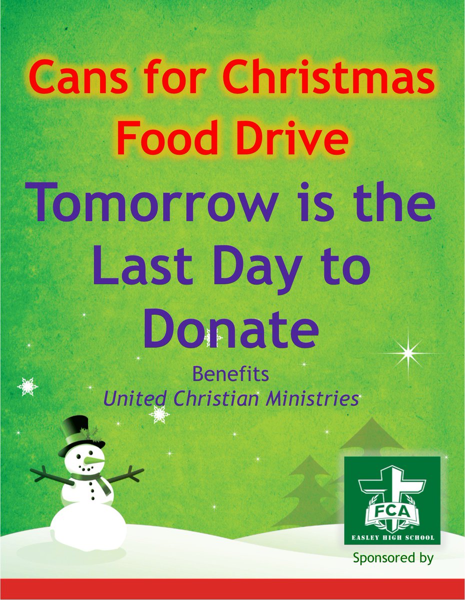 Tomorrow is the last day to donate. 
FCA leaders we will take the food to United Christian Ministries after school if you would like to participate.