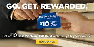 Best Western Rewards members GO. GET. REWARDED. with a USD $10 BW Gift Card with every stay at a Best Western branded hotel worldwide between
1 December 2017 and 31 January 2018. T&amp;C apply. Register here: bit.ly/2BpfbLz