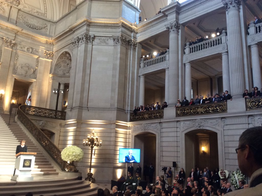cmarinucci's tweet photo. Worth noting, and touching: SF City hall is packed to rafters literally, not only with big shot elected officials, but just average folks who have shown up in droves for this public memorial #RIPedLee https://t.co/ZjBNYl8B0y