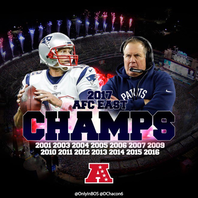 OnlyInBOS's tweet photo. 2001
2003
2004
2005
2006
2007
2009
2010
2011
2012
2013
2014
2015
2016
2017

The Patriots are the 2017 AFC East Champions! 

Our 20th in franchise history! 

Our 17th in the Robert Kraft era! https://t.co/sQFXkrZbmY