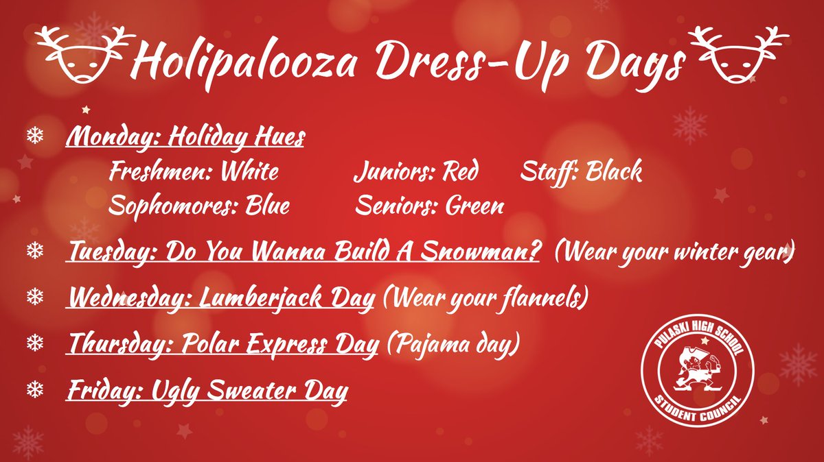 PTownStuCo's tweet photo. Here are your 2017 Holipalooza dress-up day themes. Participate, tweet us, and earn points for your class. We start tomorrow! #RaiderStrong https://t.co/ZMnG74Spvh