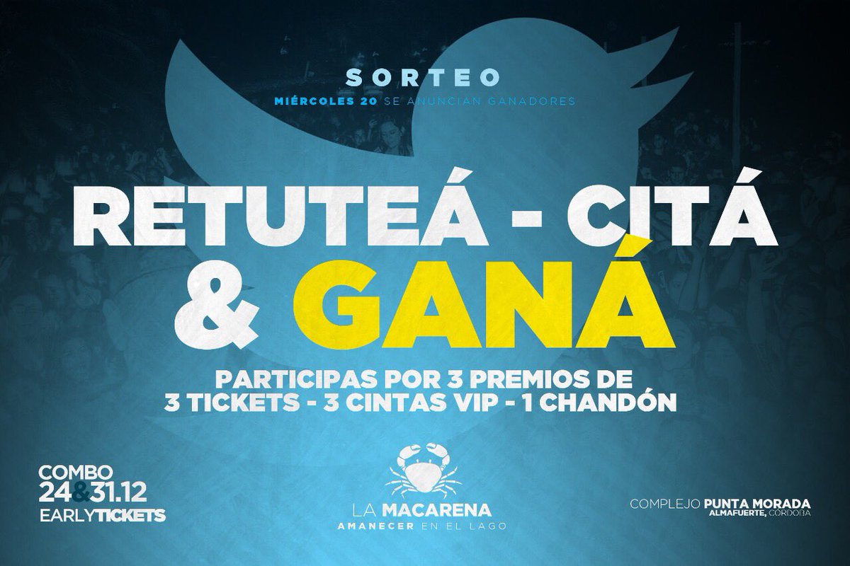 LaMacarena18's tweet photo. ¡Único sorteo oficial! ¿Cómo participar? 
1) Citá el tuit, etiquetá 3 amigos y agregá los hashtags #AmanecerEnElLago &amp; #LaMacarenaEvento
2) Retuiteá el sorteo.
3) Seguí a @LaMacarena17

24.12, 31.12 y 06.01 #LaMacarena #NavidadLaMacarena #AñoNuevoLaMacarena https://t.co/kBPL911Mx8