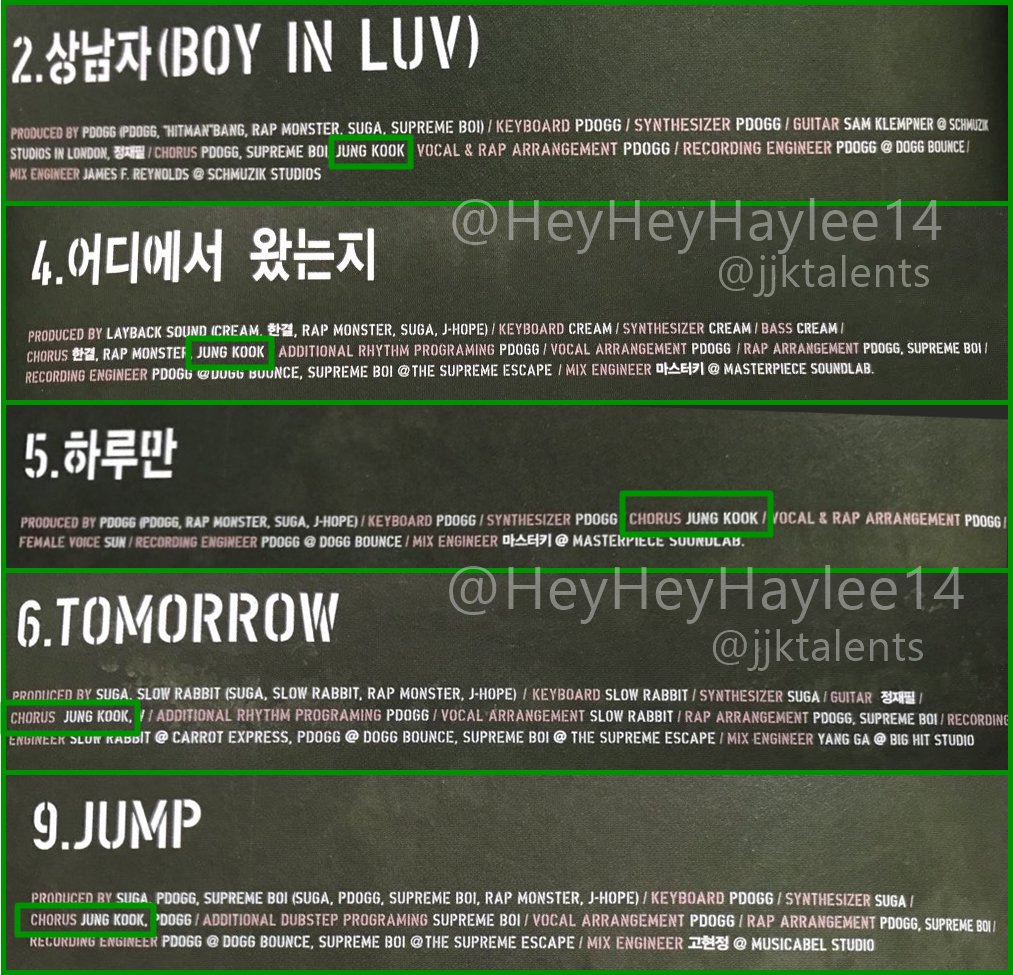 Jungkook's creditsSkool Luv Affair (BTS 2nd EP album)Chorus:Boy in LuvWhere Did You Come FromJust One DayTomorrowJump #Jungkook  #정국