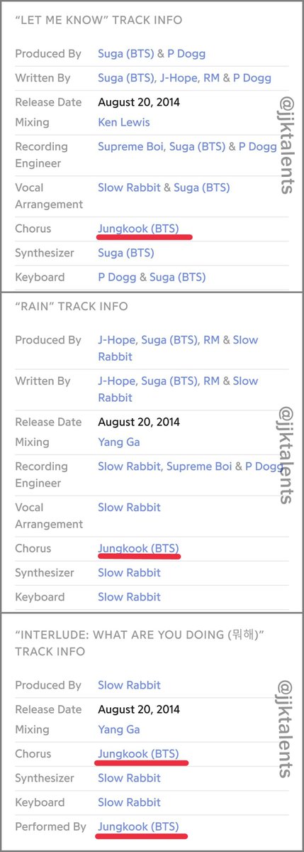 1/2.Jungkook's creditsDark&Wild (BTS 1st full album)Chorus:DangerWar of HormoneHip Hop LoverLet Me KnowRainInterlude: What Are You DoingCould You Turn Off Your Cell PhoneBlanket Kick24/7=HeavenLook Here2nd GradeOutro: Does That Makes Sense? #Jungkook  #정국