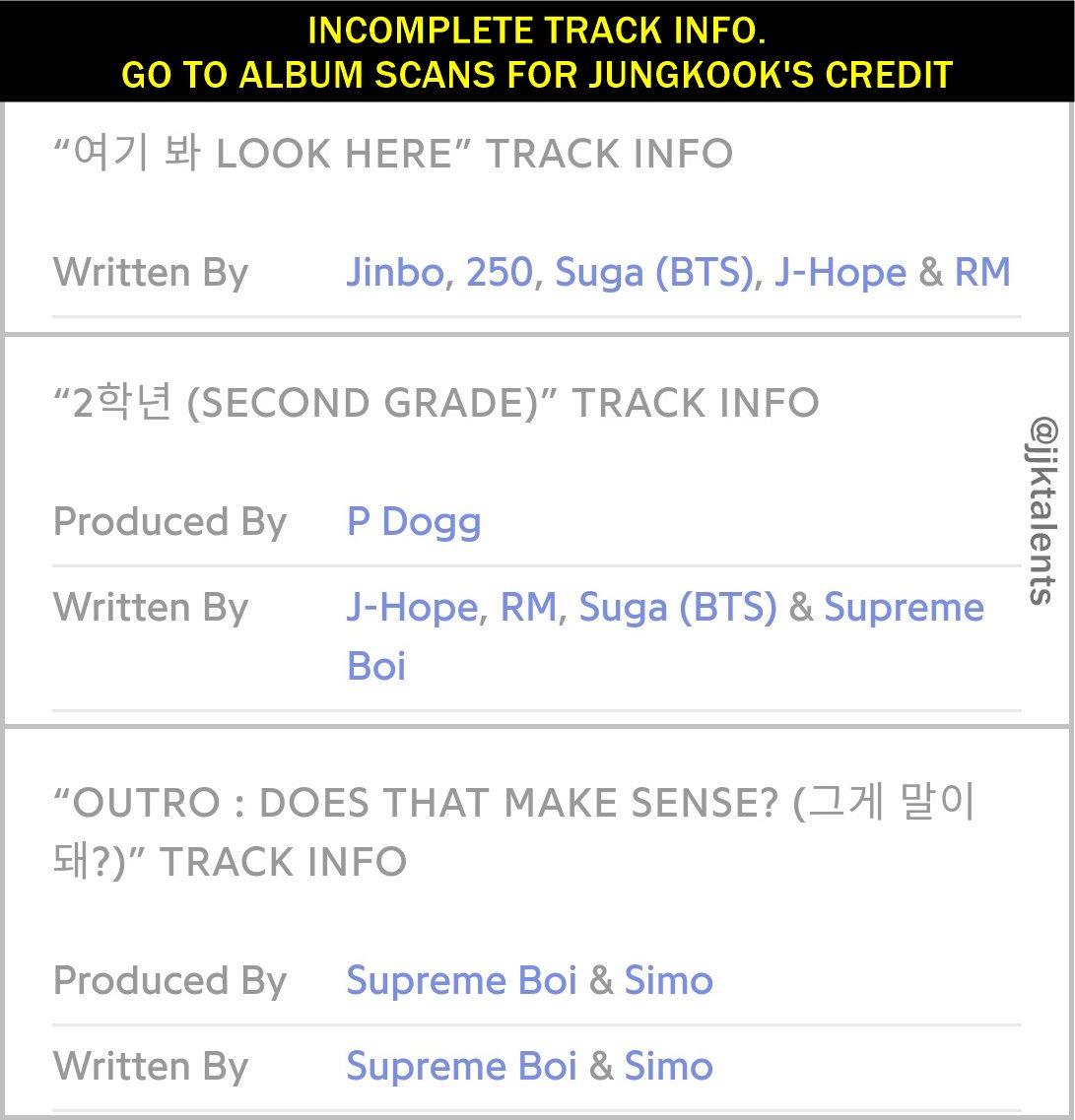 1/2.Jungkook's creditsDark&Wild (BTS 1st full album)Chorus:DangerWar of HormoneHip Hop LoverLet Me KnowRainInterlude: What Are You DoingCould You Turn Off Your Cell PhoneBlanket Kick24/7=HeavenLook Here2nd GradeOutro: Does That Makes Sense? #Jungkook  #정국