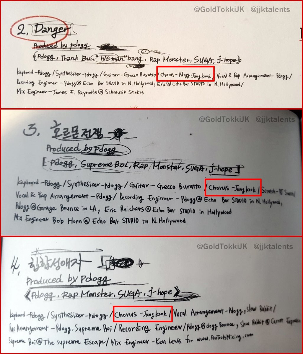 2/2.Jungkook's creditsDark&Wild (BTS 1st full album)Chorus:DangerWar of HormoneHip Hop LoverLet Me KnowRainInterlude: What Are You DoingCould You Turn Off Your Cell PhoneBlanket Kick24/7=HeavenLook Here2nd GradeOutro: Does That Makes Sense? #Jungkook  #정국