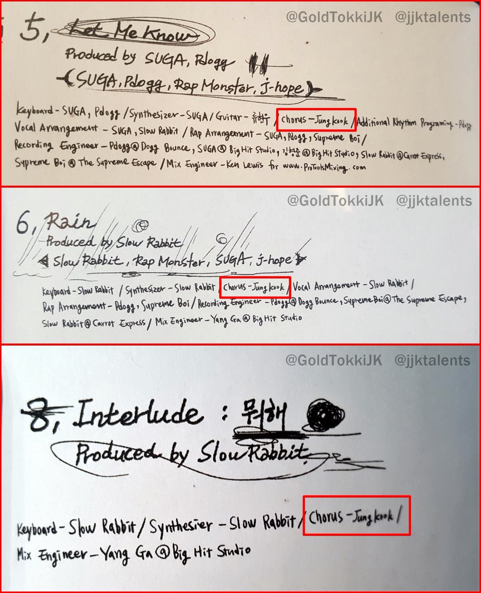 2/2.Jungkook's creditsDark&Wild (BTS 1st full album)Chorus:DangerWar of HormoneHip Hop LoverLet Me KnowRainInterlude: What Are You DoingCould You Turn Off Your Cell PhoneBlanket Kick24/7=HeavenLook Here2nd GradeOutro: Does That Makes Sense? #Jungkook  #정국