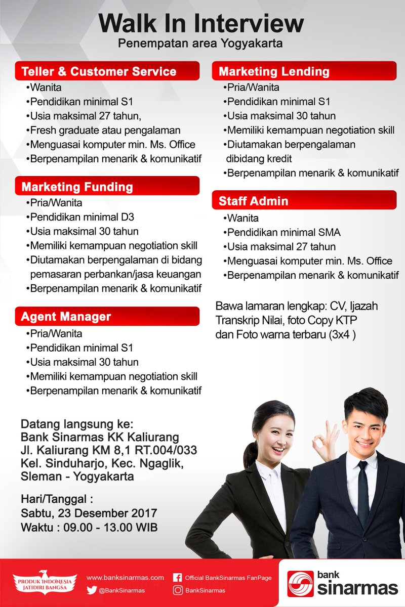 Halo Jogja! Yuk gabung bersama Bank Sinarmas, ikuti walk in interview di Bank Sinarmas KK Kaliurang Jl. Kaliurang KM 8,1 Yogyakarta, Sabtu 23 Desember 2017 pkl. 09-13.00 WIB, jangan lupa bawa lamaran lengkap. #Karir #InfoLoker #KarirBankSinarmas <a href="/infojogja/">info jogja</a>