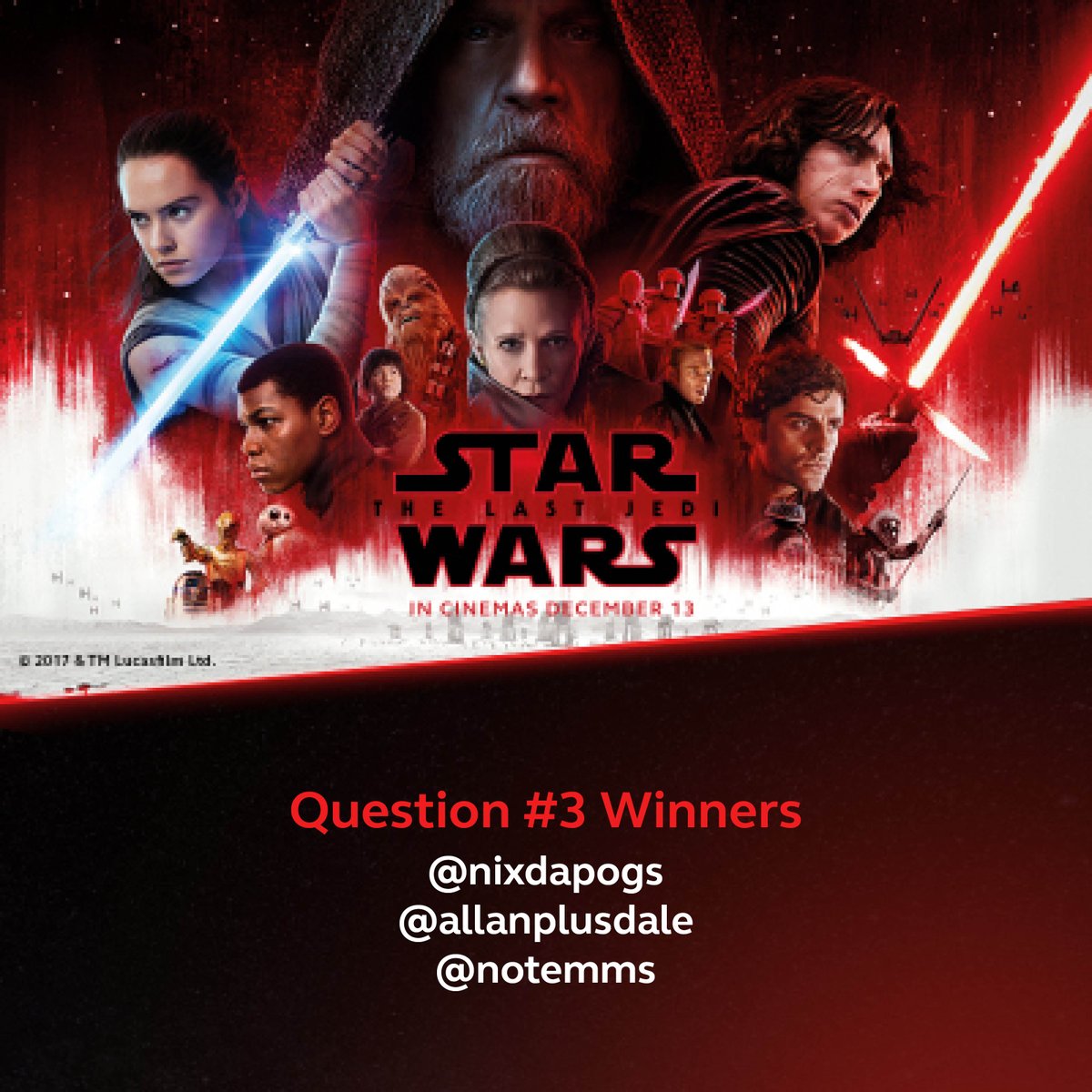 GMoviesApp's tweet photo. Congratulations to the following movie buffs! You have just scored movie invites to Star Wars: The Last Jedi! Send us a DM (direct message) of your email address on our Twitter account within 48 hours to redeem your claim codes! You are one with the Force! https://t.co/GsQlcjBgog